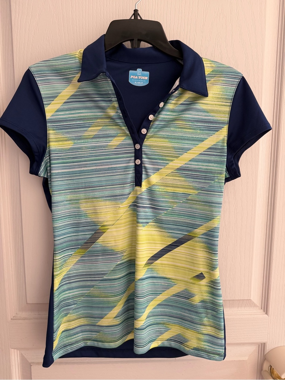 PGA TOUR Navy & Yellow Striped Polo Top